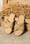 Helia Women's Gold Stone Detailed Straw Textured Fraseli Plain Beige Slippers - 5