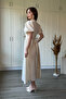 Beige Muslin Fabric Balloon Sleeve Midi Dress - 2