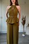 Oil Green Gold Accessory Detailed Flounce Jumpsuit - 6