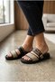 Leyde Women's Slippers with Double Straps and Buckle, Flat Sole, Black Leather - 2