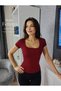 Women's Short Sleeve Square Neck Burgundy Color Buzzy Modal Fabric Body T-Shirt Bluz - 3