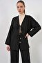 Women's V-Neck Floral Patterned Viscose Black Double Set - 2