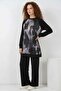 Women's Round Neck Oversize Patterned Viscose Black Two-Piece Set - 4