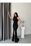 Black draped halter neck stone evening dress - 2