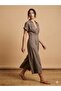 V-Neck Shoulder Embroidery Detailed Linen Dress 6077 - 3