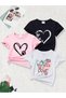 Printed Black - White - Pink 3-Piece Children's T-Shirt 100% Cotton Short Sleeve Knitted Crew Neck