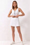White High Waist Double Layer Mini Skirt Tennis Skirt and Zipper Bustier Crop Set - 5