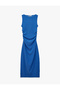 Drape Detailed Crew Neck Sleeveless Textured Cobalt Blue Bodycon Dress