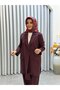Collar-Detail Blazer Jacket Suit with Pants Burgundy - 2