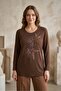 Women's Plus Size Lycra Crew Neck Printed Stoned Three-Quarter Sleeve Mom T-Shirt Combed Cotton Blouse