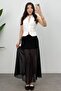 Women's Black A-Line Half Lining Detailed Tulle Maxi Skirt - 5