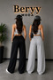 Seasonal Two-Piece Black and Gray Wide-Leg Sweatpants Set - Effortless Style for Home and Outdoors - 2