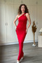 One-Shoulder Brooch Detailed Draped Maxi Red Dress - 5