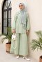 Crew Neck Ruffled Front Lined Voile Suit with Elastic Sleeves - Water Green - 5