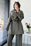 Premium Vessa Belt Detailed Linen Trousers Set - Khaki - 4