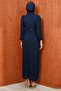 Navy Blue Belted Pleated Evening Dress - 5