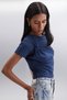 Yasmin Women's Knot Detailed Organic Cotton Lycra Crop Navy Blue Blouse - 4