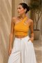 Women's Yellow Cross Halter Neck Ribbed Crop Top with Drop Detail - 5