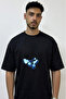 Blue Butterfly Design Printed Oversize Black T-Shirt
