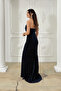 Stone Detailed Jacquard Fabric Strap Evening Dress - Dark Blue - 5