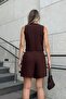 Brown 4-Button Vest-Pocket Shorts Women's Bottom-Top Linen Set - 5