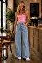 Bol Paça Jeans, High Waist Stretchy Soft Fabric Palazzo Denim Pants - Blue Snow - 2