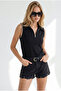 Women's Black Polo Collar Zippered Decorated Stretchy Blouse Blz-19003429 - 2