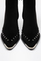 Black Matte Suede Flat Trok Detail Zippered Metal Toe Western Cowboy Short Ankle Boots - 4