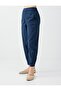 Navy Blue Elastic Waist Cotton Blend Poplin Trousers - 3
