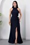 Halter Neck Draped Buckle Evening Dress Ecr5862 - 3