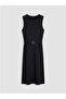 Black A-Line Modal Blend Dress with Belt at the Waist - 5