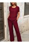 Women's Short Sleeve Boat Neck Asymmetrical Detailed Short Sandy Blouse and Trousers Two-Piece Set