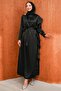 Black Satin Evening Dress with Shoulder Drapes