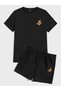 Teddy Bear Pattern T-Shirt Shorts - Black Shorts T-Shirt Top and Bottom Set Printed Crew Neck - 3