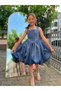 Navy Blue Flower Detailed Girl's Balloon Model Design Evening Dress - 6