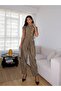 Women's Khaki High-Necked Jumpsuit with Gold Button Details and Belt