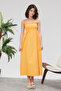 Yellow Cotton Long Summer Dress with Straps, Shoulder Tie, Gathered and Ruffled, for Women - 8