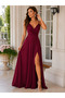 Davet Elegance-Women's Strappy Double-Breasted Collar Waist-Fitted Long Crepe Evening Dress - 5