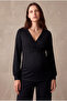Pregnant and Postpartum Women's Black Viscose Blended Double Layer V-Neck Long Sleeve Blouse with Breastfeeding Function Ava - 3