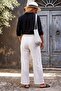 White Lined Brodele Mesh Detailed Elastic Waist Casual Openwork Knitted Woven Trousers 100 65 - 6