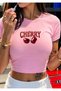 Women's Crop Slim Fit Cherry Printed 100% Cotton T-Shirt – White