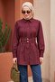 Belted Balloon Sleeve Burgundy Shirt - 2