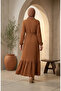 Bubble Fabric Necklace Detailed Belted Hijab Dress 0575-08 Tan - 5