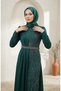 Satin Stone Detailed Hijab Evening Dress 5724-04 Emerald Green - 2