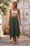 Khaki Lined Fringed Cut Elastic Waist Casual Wrinkled Long Woven Skirt 95 70 - 3
