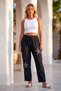 Black Pocketed Star Appliqué Elastic Waist Tapered Leg Linen Look Woven Trousers 97 68 - 5