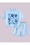 Girl's Sea-Themed Baby Blue T-Shirt-Blue and White Striped Poplin Fabric Shorts Top and Bottom Set - 3