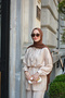 Women's Double Set with Grass Detail on the Front, Shirt and Tie at the Waist, Cream Color - 3