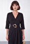 Women's Black Double-Breasted Collared Belted Midi Event Dress - 3