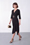 Women's Black Double-Breasted Collared Belted Midi Event Dress